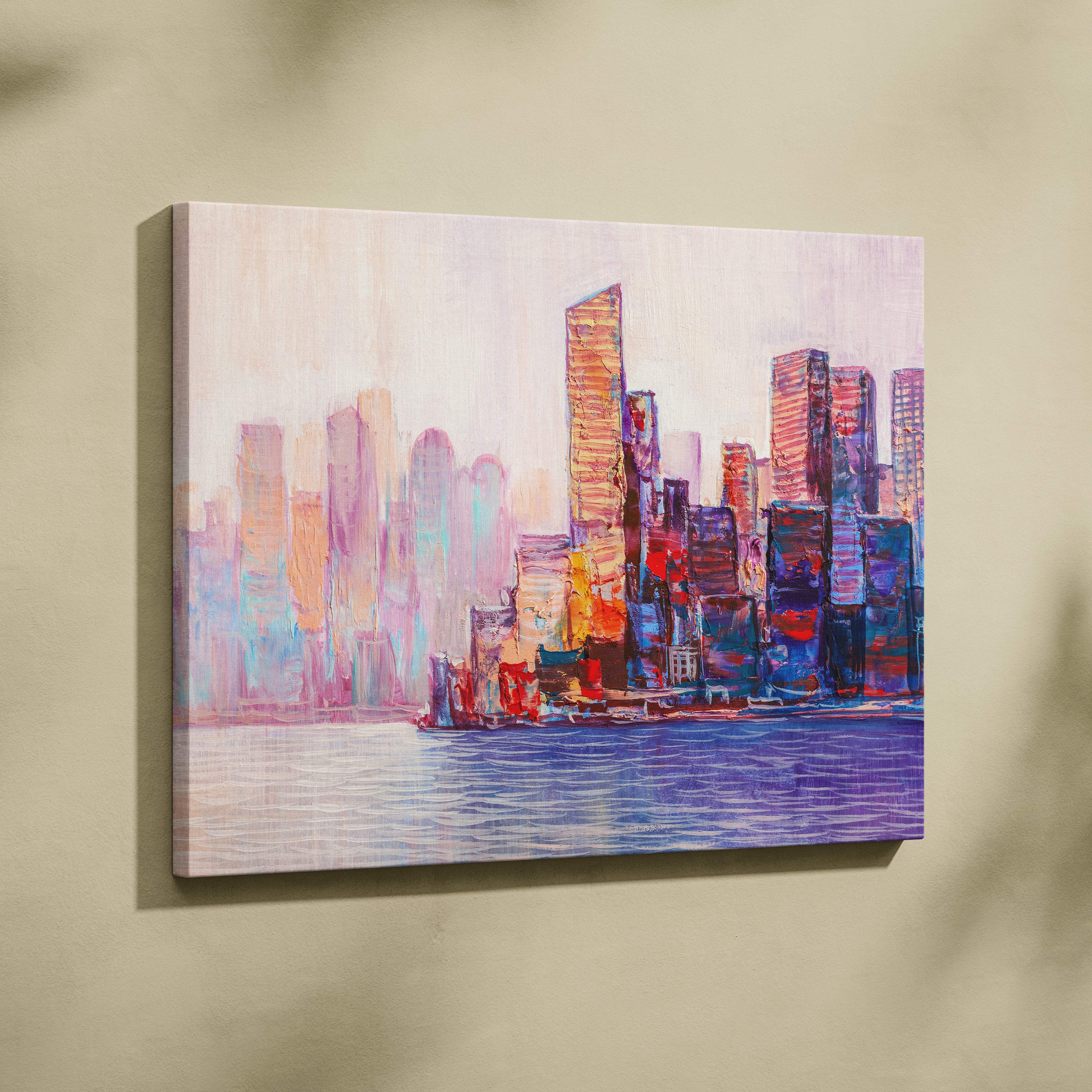 A vibrant abstract cityscape painting in purple blue orange and pink on canvas titled pastel city skyline by the water