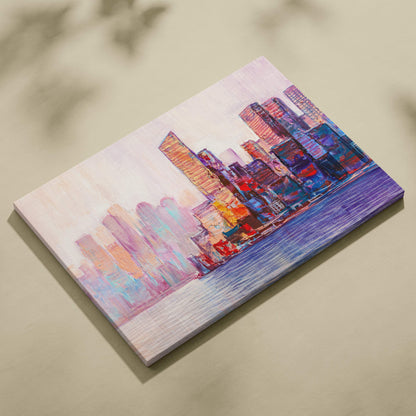 Vibrant abstract cityscape canvas painting with bold purples pinks blues and oranges modern urban waterfront wall art