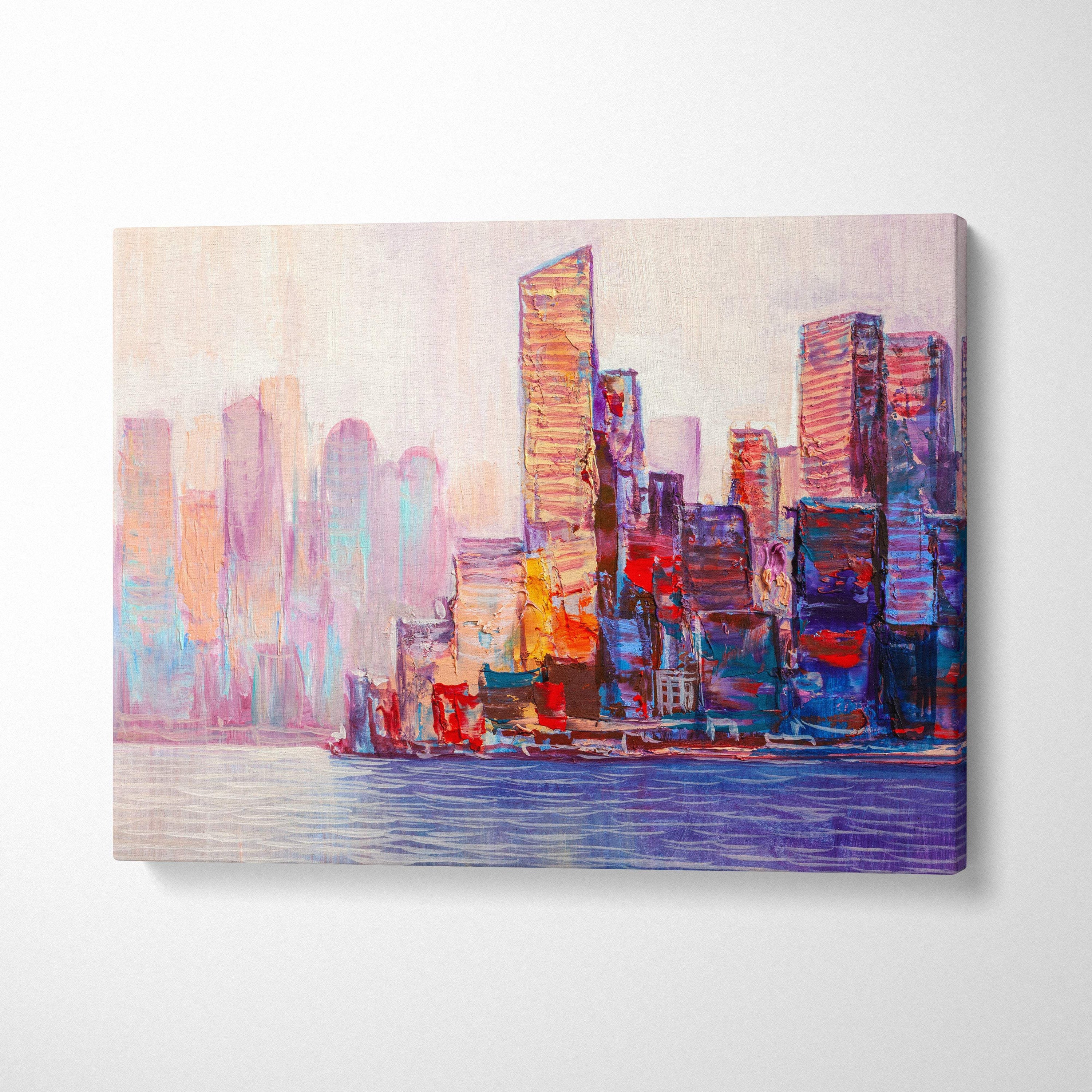 Abstract cityscape canvas painting with vibrant purples pinks blues and oranges in modern urban waterfront style