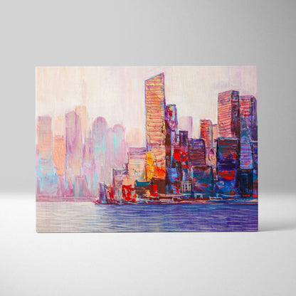 Vibrant abstract cityscape canvas print with bold purple pink blue and orange brushstrokes in pastel city skyline style