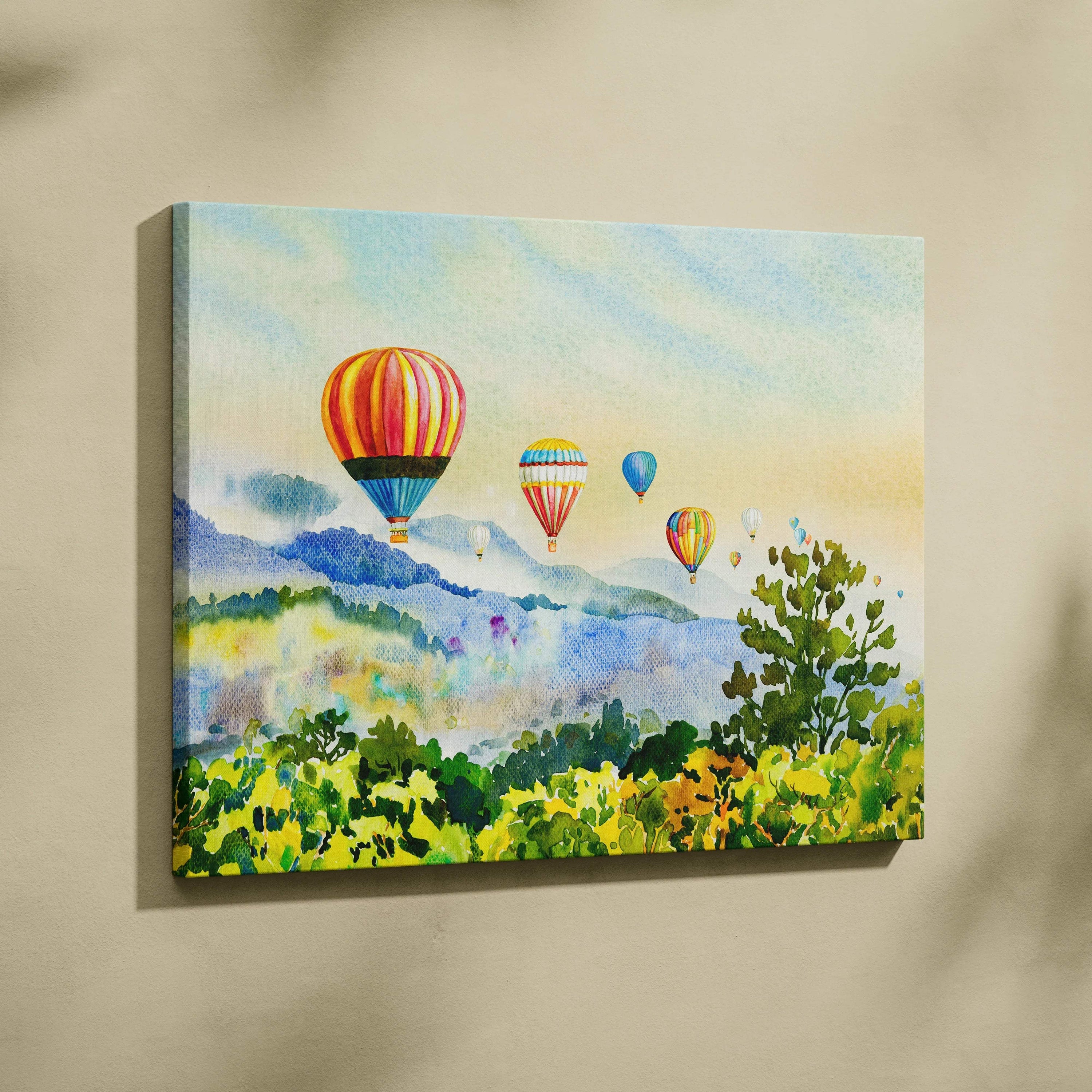 Watercolor hot air balloons over misty mountains dreamy landscape canvas art