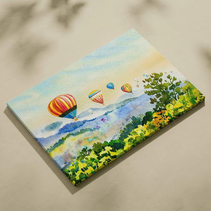Vibrant watercolor hot air balloons over misty mountains canvas wall art