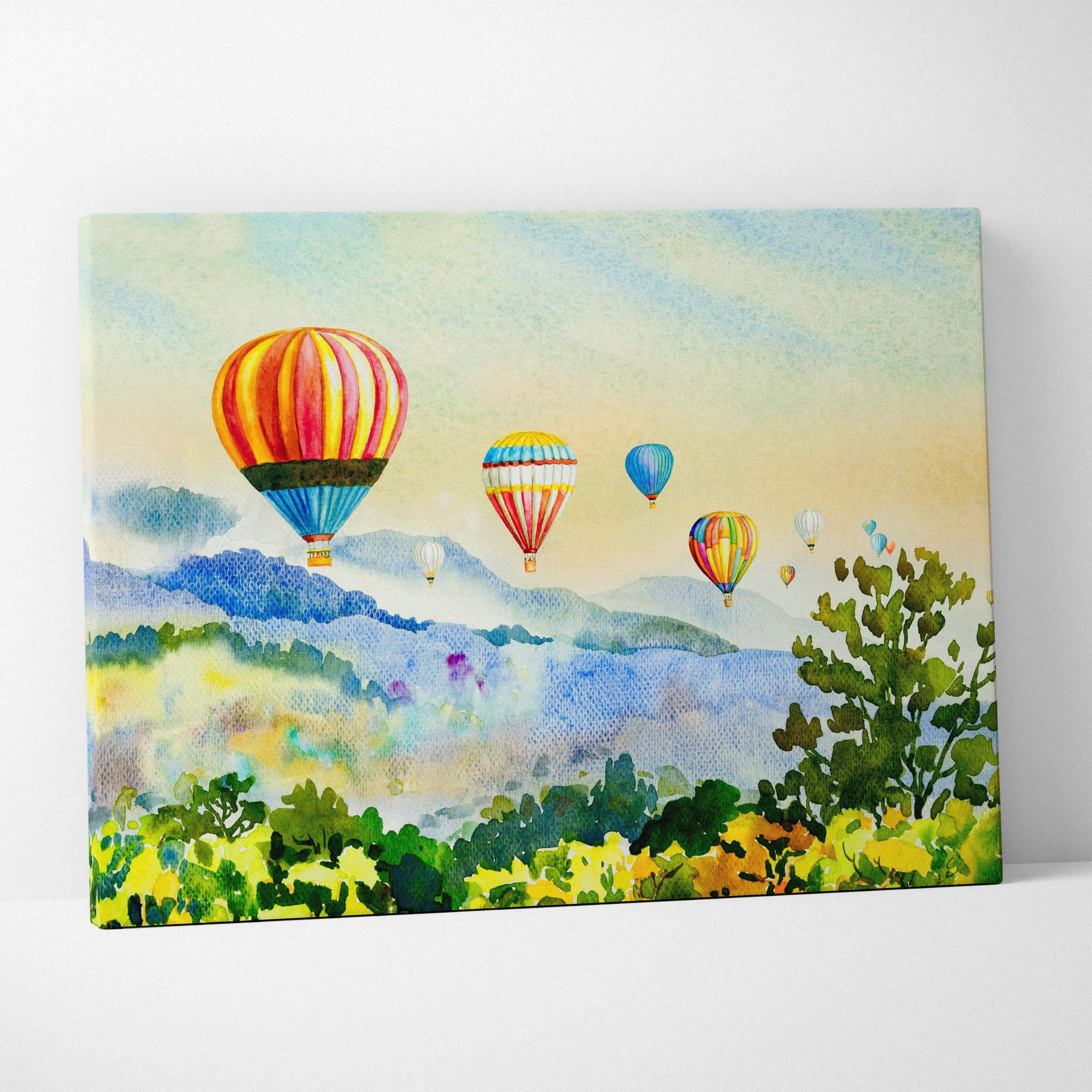 Vibrant watercolor hot air balloons over misty mountains canvas wall art