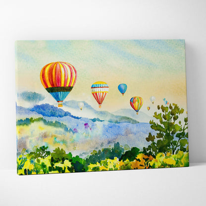 Vibrant watercolor hot air balloons over misty mountains canvas wall art