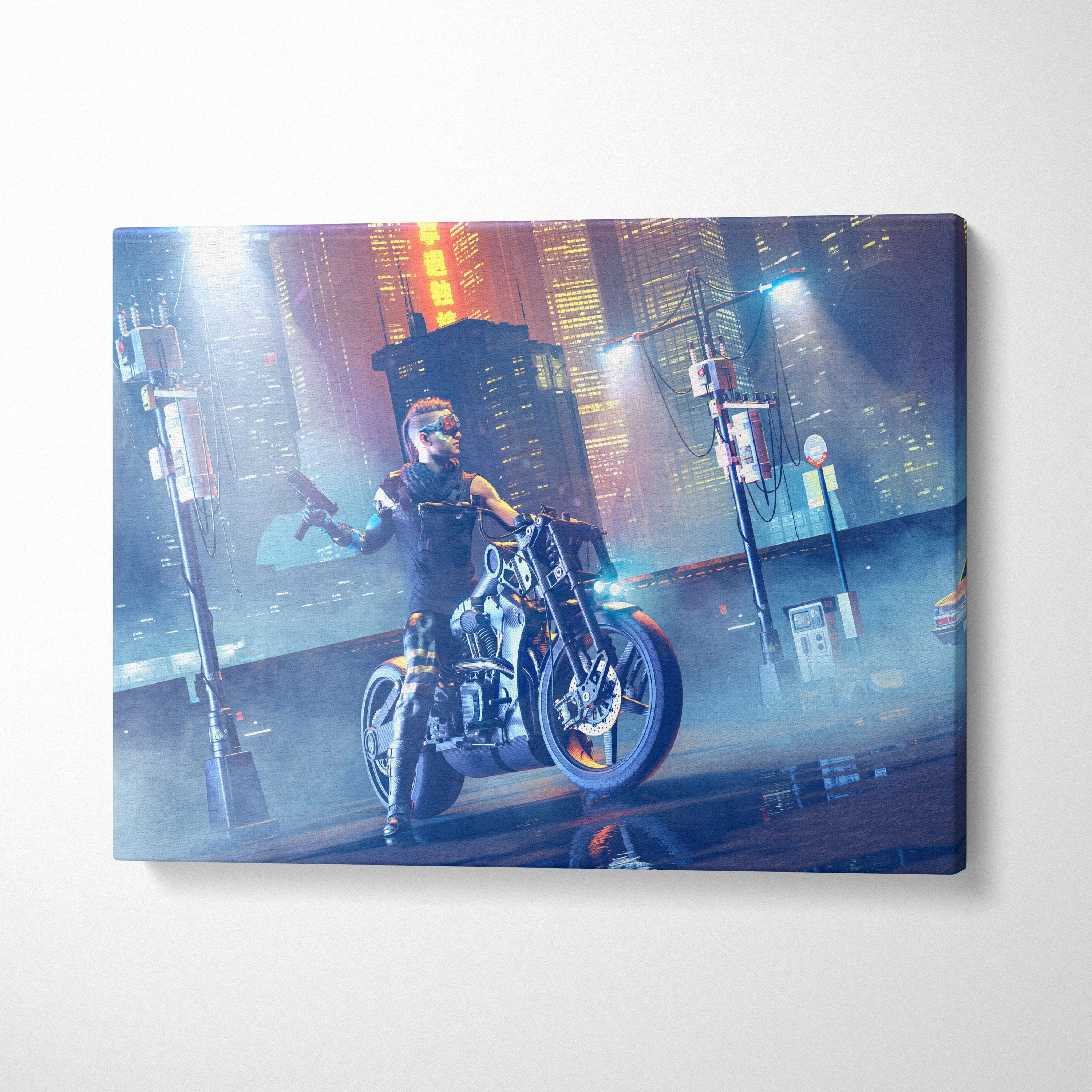 Nebula-themed canvas wall art featuring a cyberpunk rider on a chrome motorcycle with neon city lights