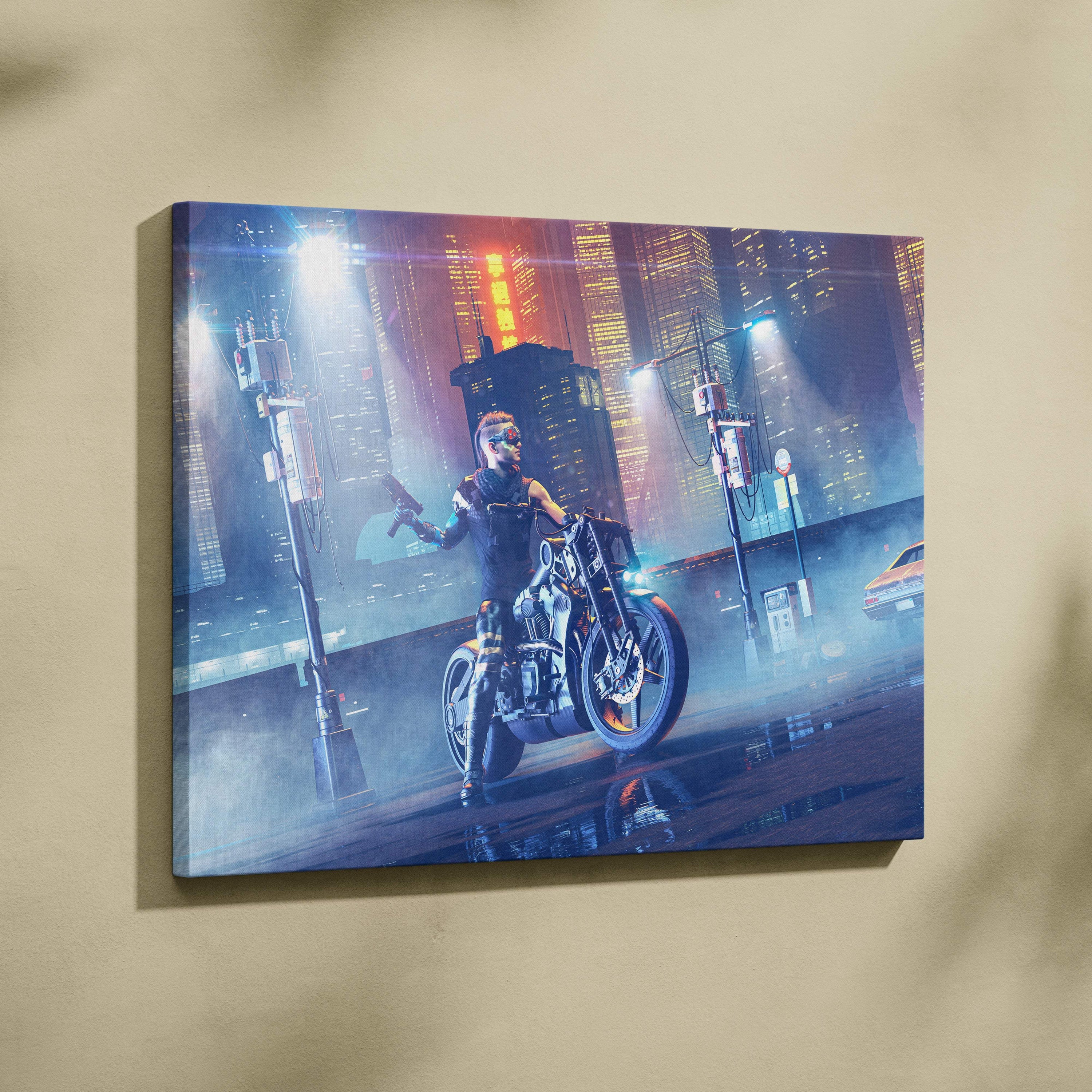 Canvas print of cyberpunk biker riding motorcycle under neon blue and pink city lights futuristic urban wall art