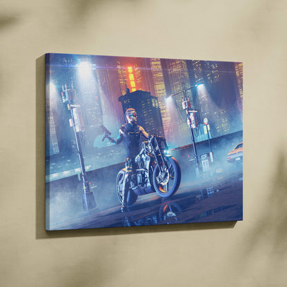 Canvas print of cyberpunk biker riding motorcycle under neon blue and pink city lights futuristic urban wall art