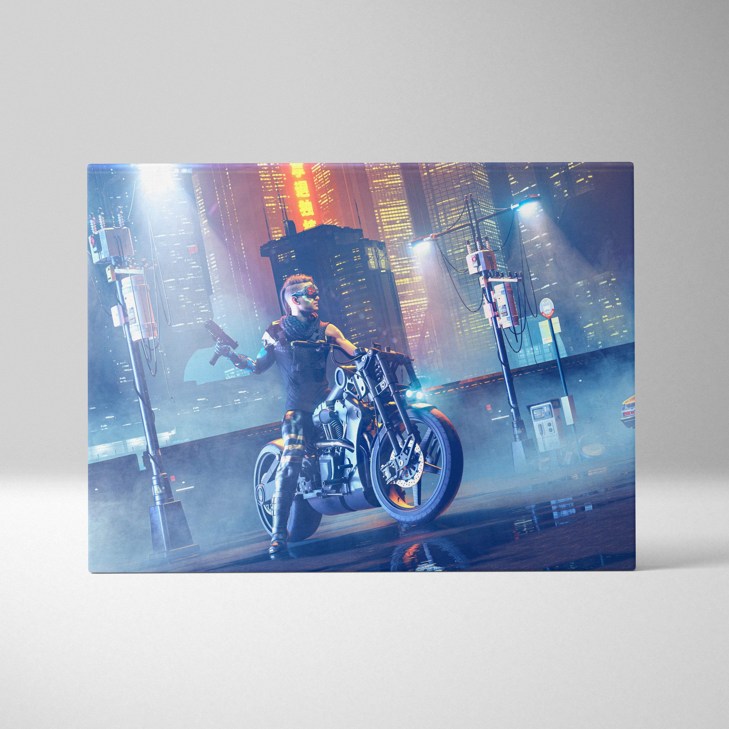 Nebula-themed canvas wall art featuring a cyberpunk rider on a futuristic motorcycle with neon blue and pink city lights