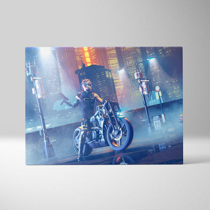 Nebula-themed canvas wall art featuring a cyberpunk rider on a futuristic motorcycle with neon blue and pink city lights