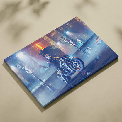 A vibrant glossy canvas print of a futuristic neon cityscape at night with a motorcycle rider in blue pink lights