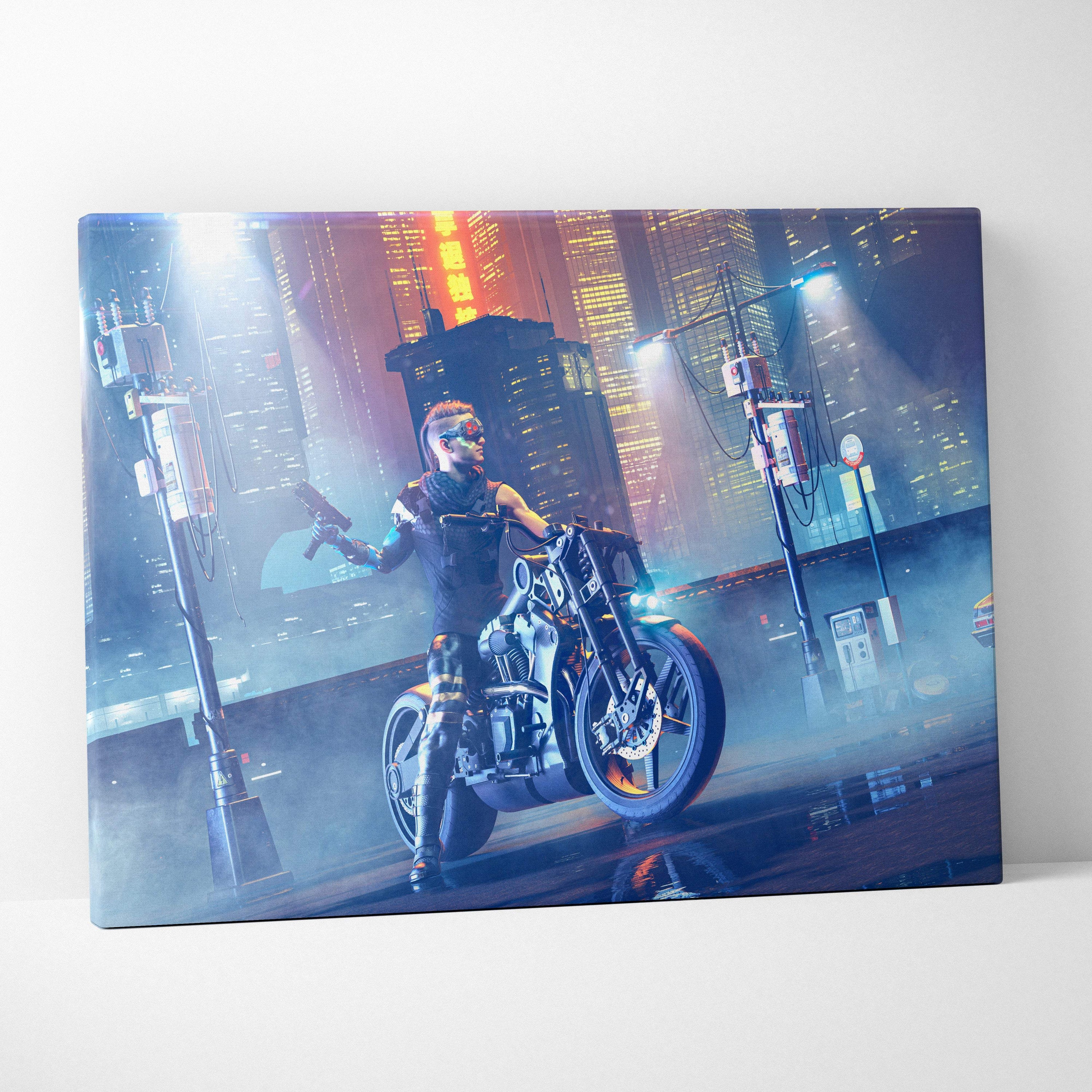 Canvas print of a cyberpunk biker riding a futuristic motorcycle under blue and pink neon city lights at night