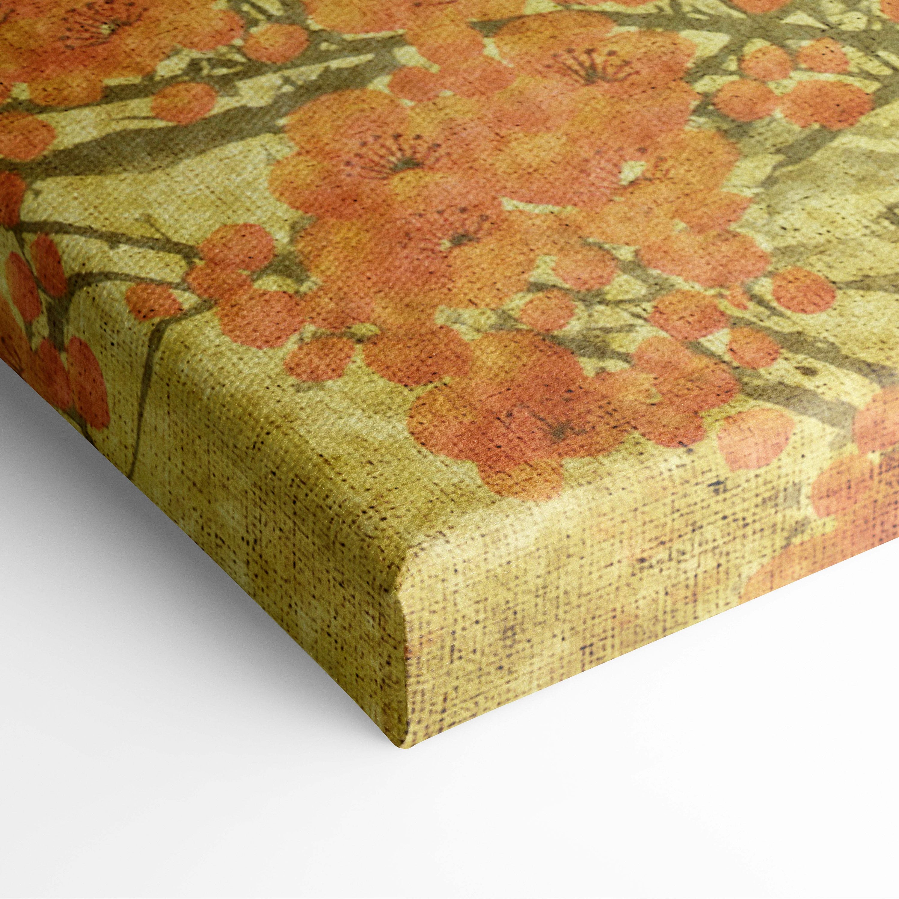 A textured bamboo canvas print of vintage orange blossoms on branches with a muted yellow background for zen decor