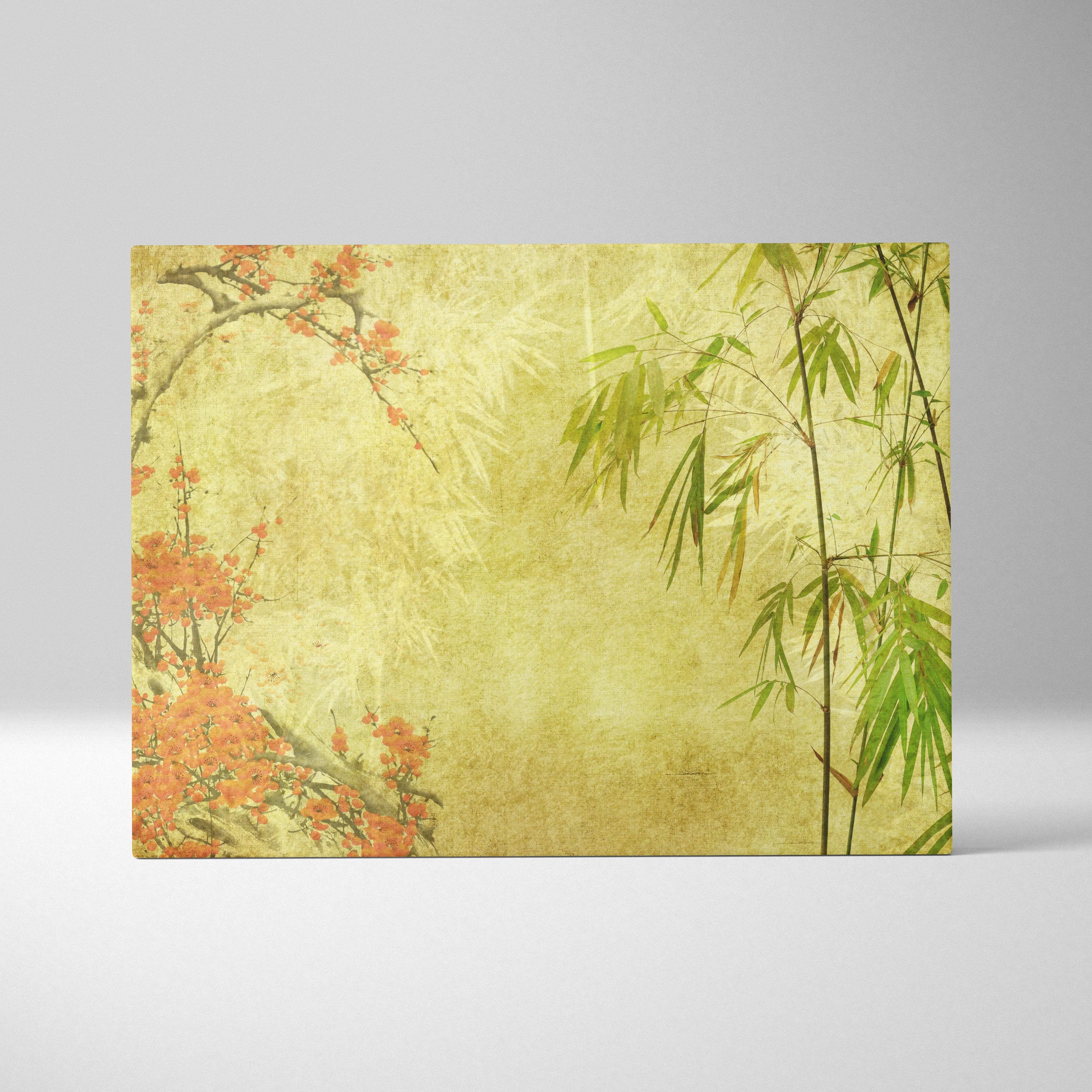 Orange blossom bamboo canvas wall art with green and gold asian ink style on pale yellow textured background