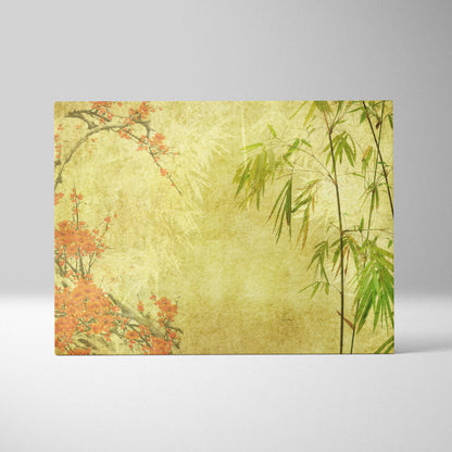 Orange blossom bamboo canvas wall art with green and gold asian ink style on pale yellow textured background