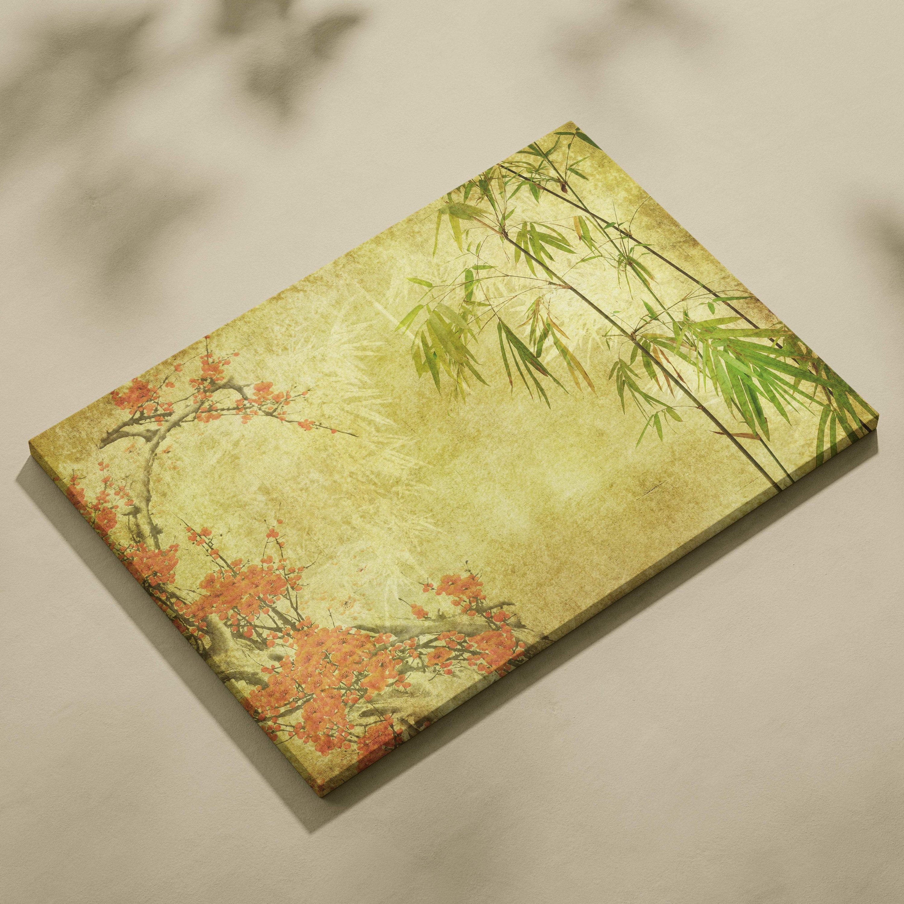 Rectangular orange blossom bamboo canvas wall art with green stalks and orange flowers on aged yellow background