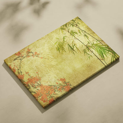 Rectangular orange blossom bamboo canvas wall art with green stalks and orange flowers on aged yellow background