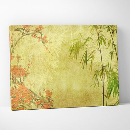 A rectangular canvas print of orange blossom bamboo in green and gold asian ink style on pale yellow background