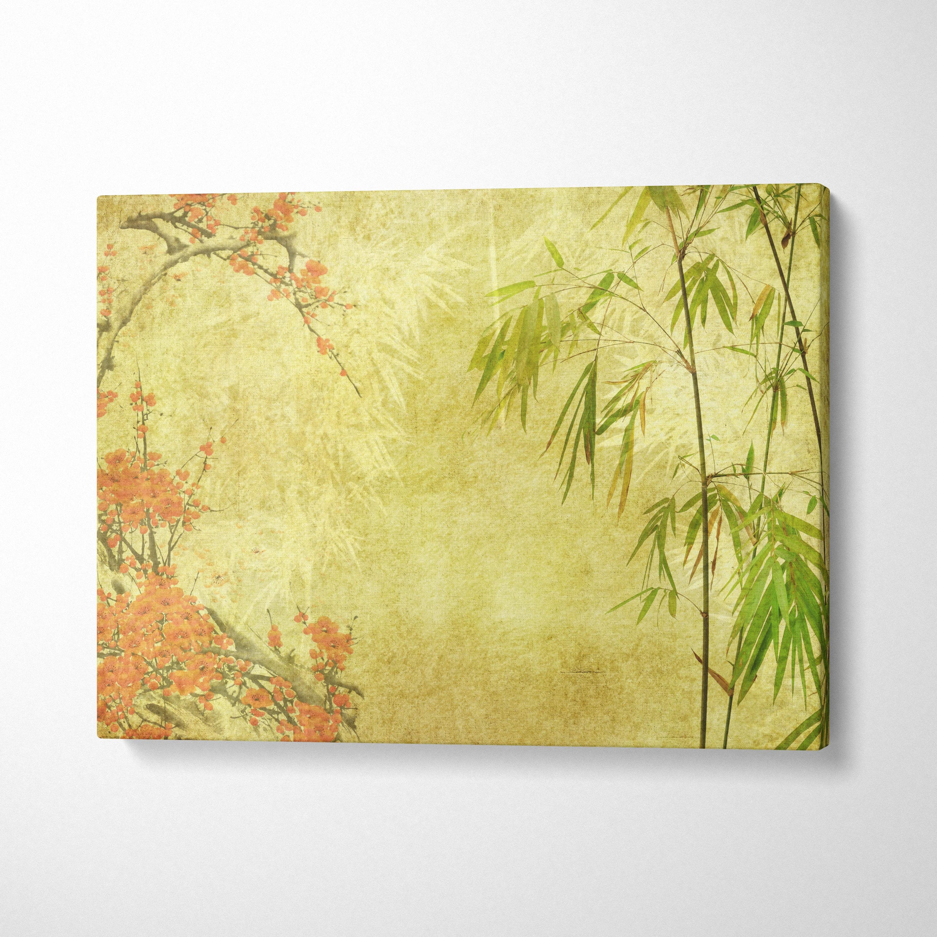 Rectangular canvas wall art featuring vintage orange blossoms and green bamboo on pale yellow for zen decor