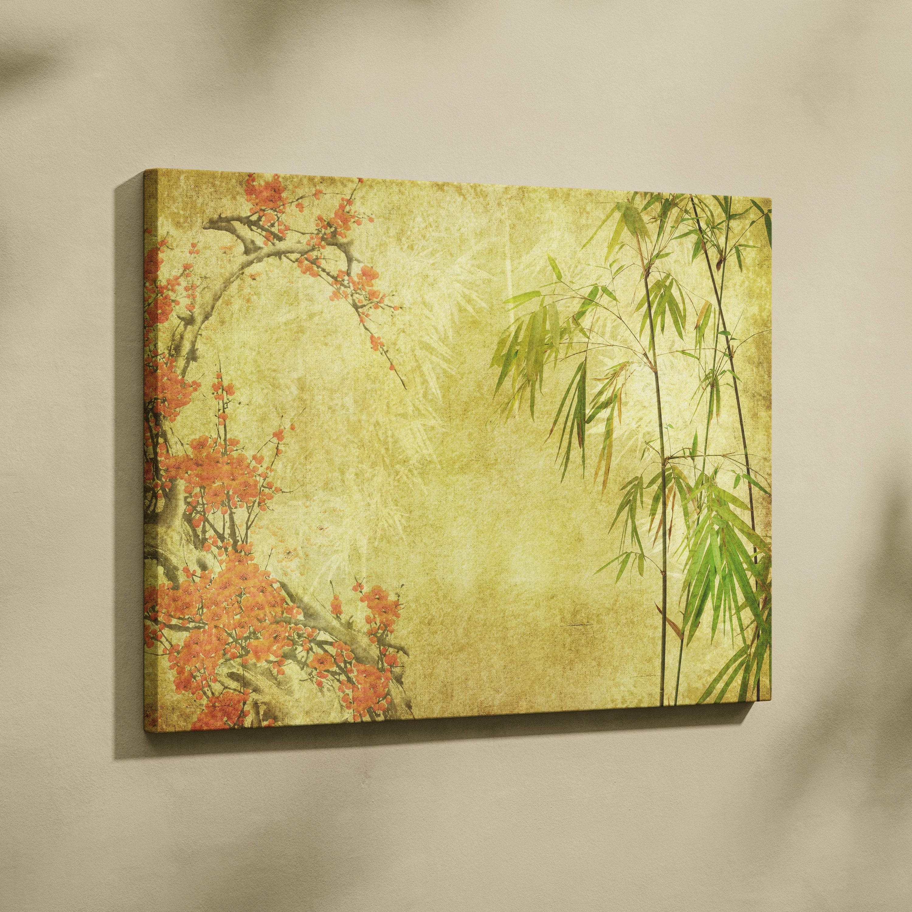 Rectangular canvas wall art featuring vintage orange blossoms and green bamboo on a textured yellow background