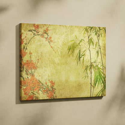 Rectangular canvas wall art featuring vintage orange blossoms and green bamboo on a textured yellow background