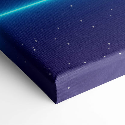 Deep blue vaporwave neon mountain lake canvas print with starry night sky and glowing teal light streak