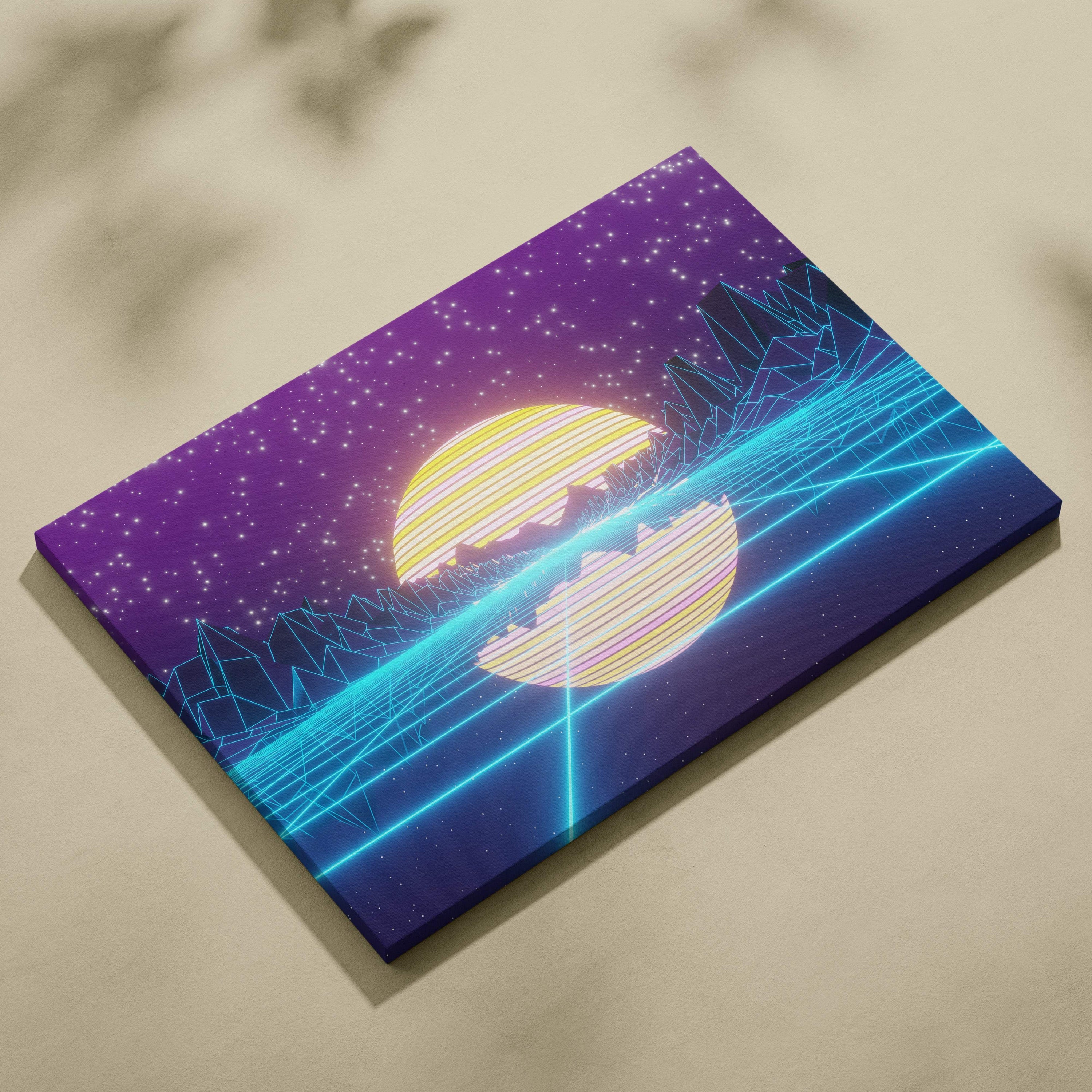Vaporwave neon mountain lake canvas art print with glowing yellow sun purple sky and cyan neon grid retrowave decor