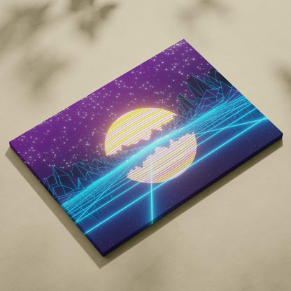 Vaporwave neon mountain lake canvas art print with glowing yellow sun purple sky and cyan neon grid retrowave decor