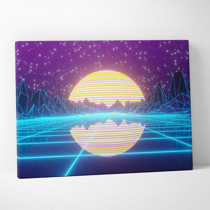 Vaporwave neon mountain lake canvas art print with glowing yellow and pink sun over neon blue mountains and purple sky