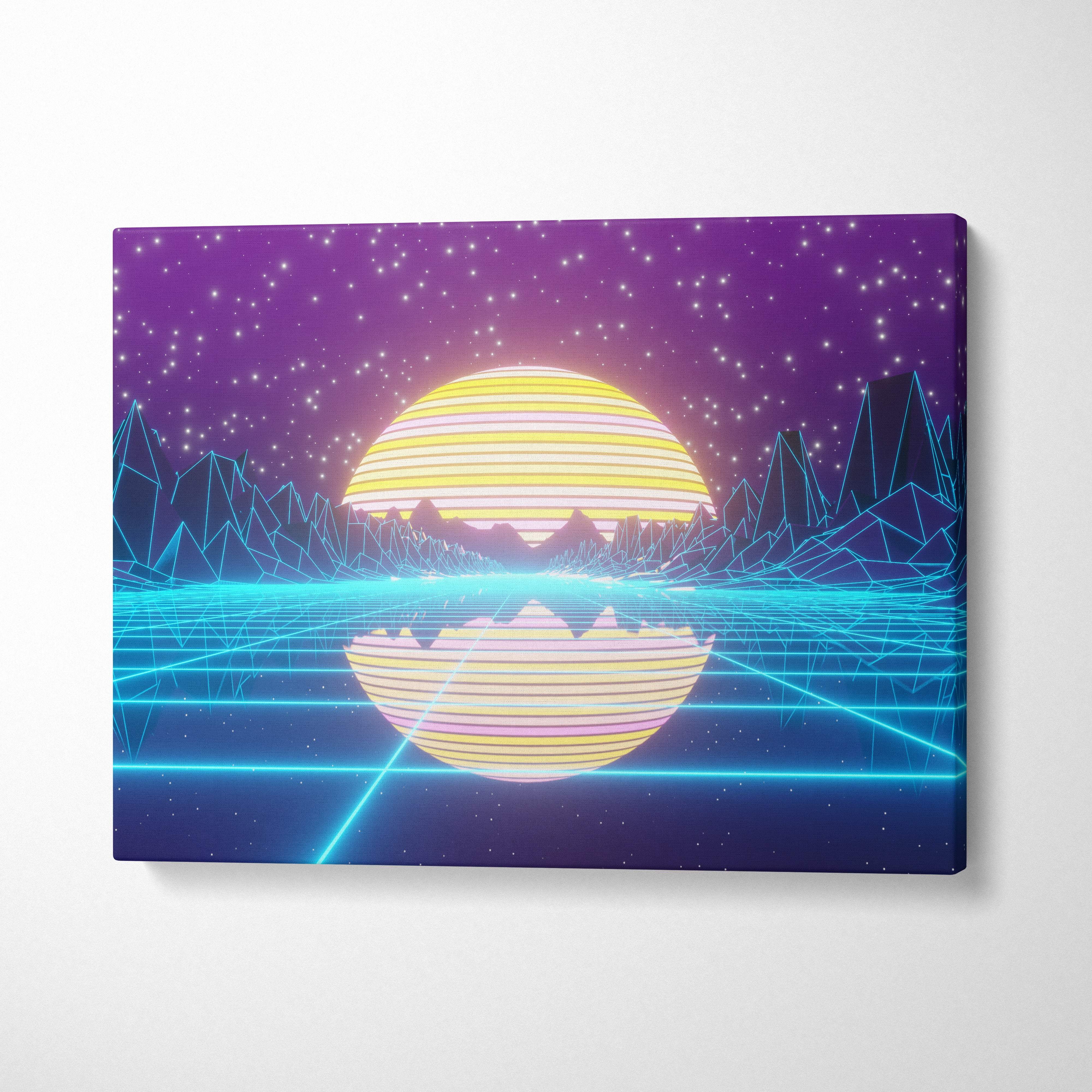 Vaporwave neon mountain lake canvas art print with glowing yellow pink sun over neon blue mountains and cyan grid lake reflection