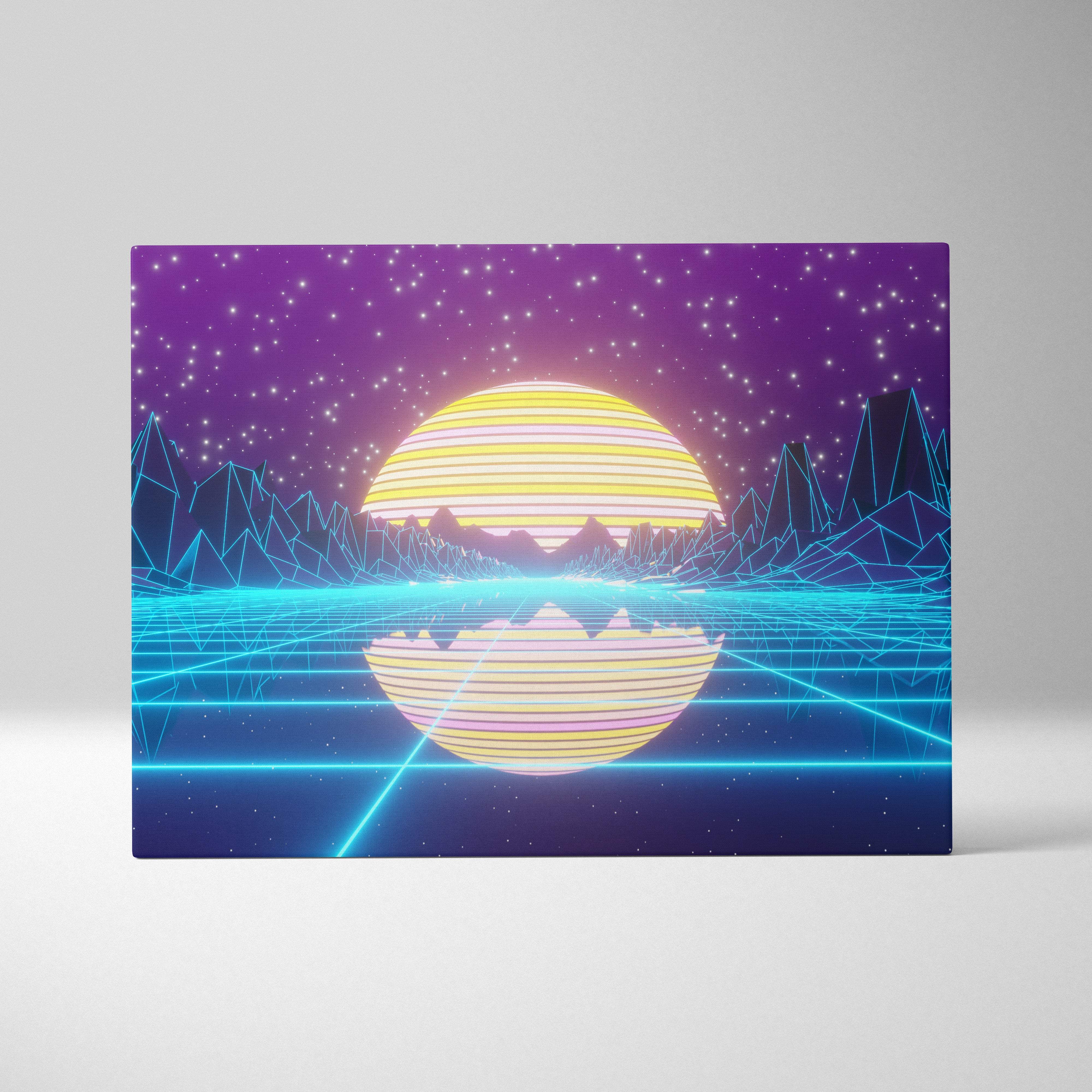 Vaporwave neon mountain lake canvas art print with glowing yellow and pink sun reflected on cyan grid lines under purple skies