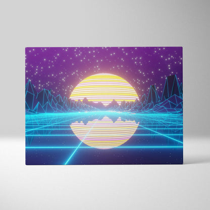 Vaporwave neon mountain lake canvas art print with glowing yellow and pink sun reflected on cyan grid lines under purple skies