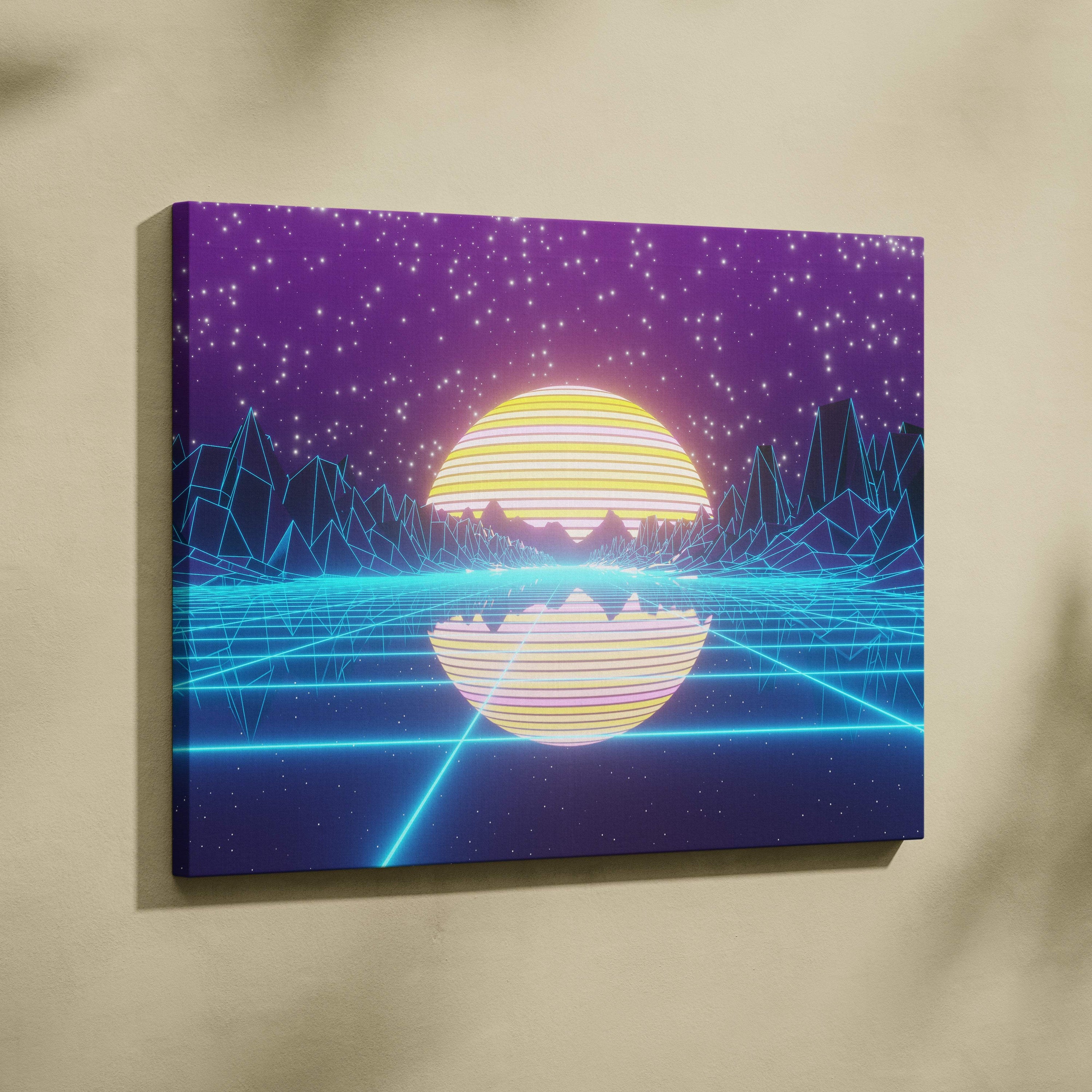 Vaporwave neon mountain lake canvas art print with glowing yellow and pink sun reflected in cyan grid over purple sky