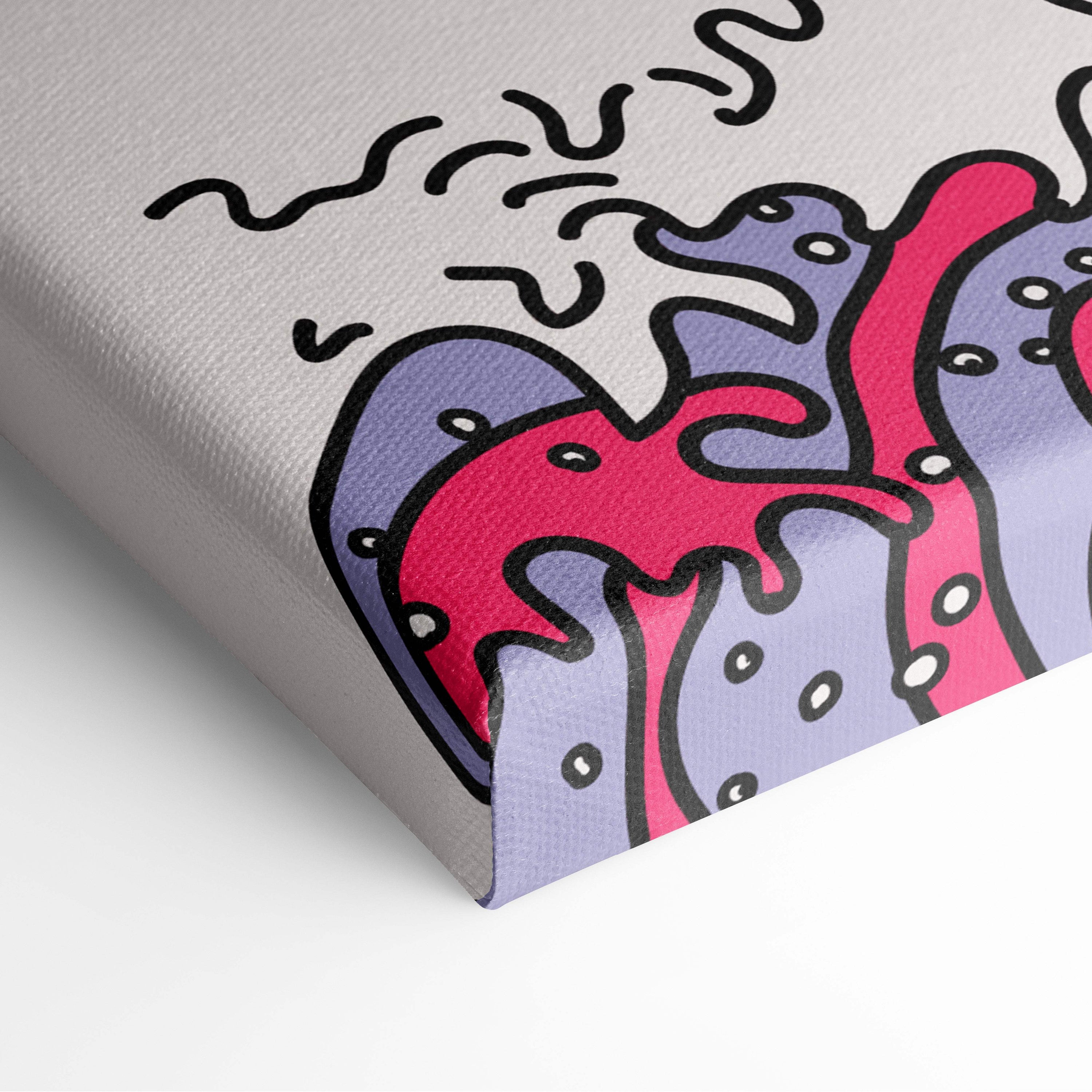A vibrant vaporwave japanese wave canvas art print with bold pink and purple shapes on a light gray background