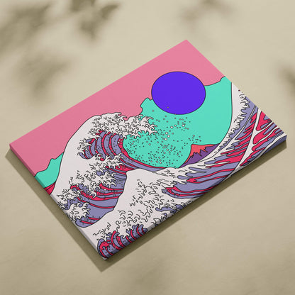 Vaporwave Japanese wave canvas art print with pink teal purple stylized wave and bold black outlines for wall decor