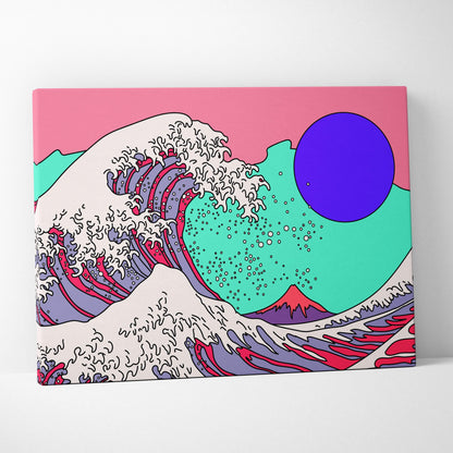 Vaporwave japanese wave canvas art print featuring a stylized red purple white wave with teal sea pink sky and blue circle