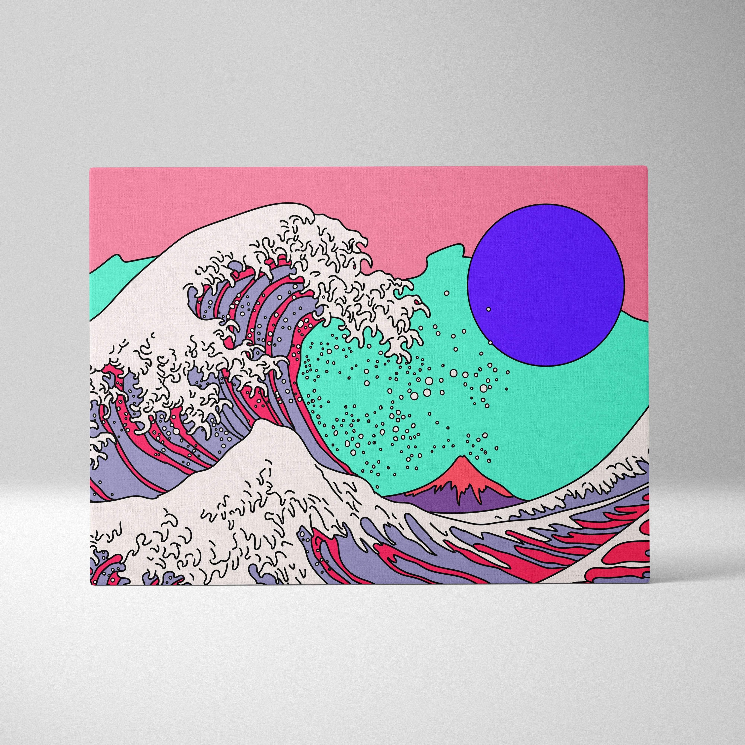 Vaporwave japanese wave canvas art print featuring a stylized pink teal wave with purple sun and mount fuji on magenta sky