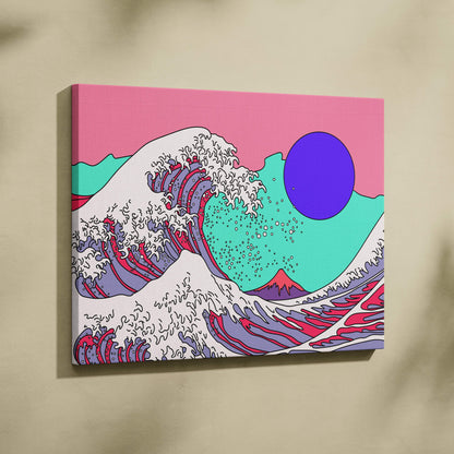 Vaporwave japanese wave canvas art print with vibrant pink teal stylized wave and purple sun over mount fuji