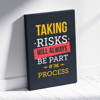Black canvas print with bold yellow and white text and red stripe featuring motivational risk taking phrase for office decor