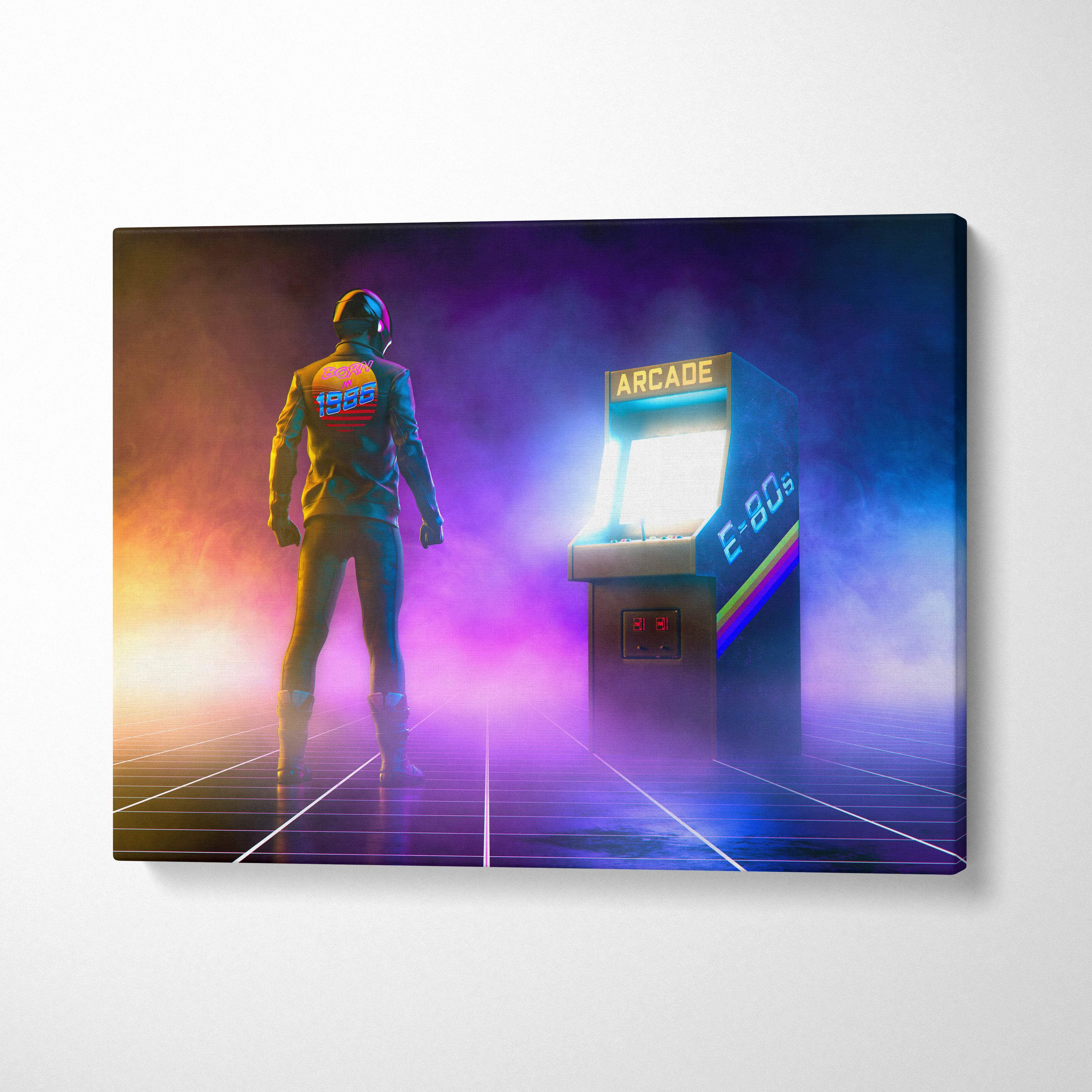 Retro arcade canvas wall art featuring a neon 80s gamer with vintage machine and purple blue synthwave glow