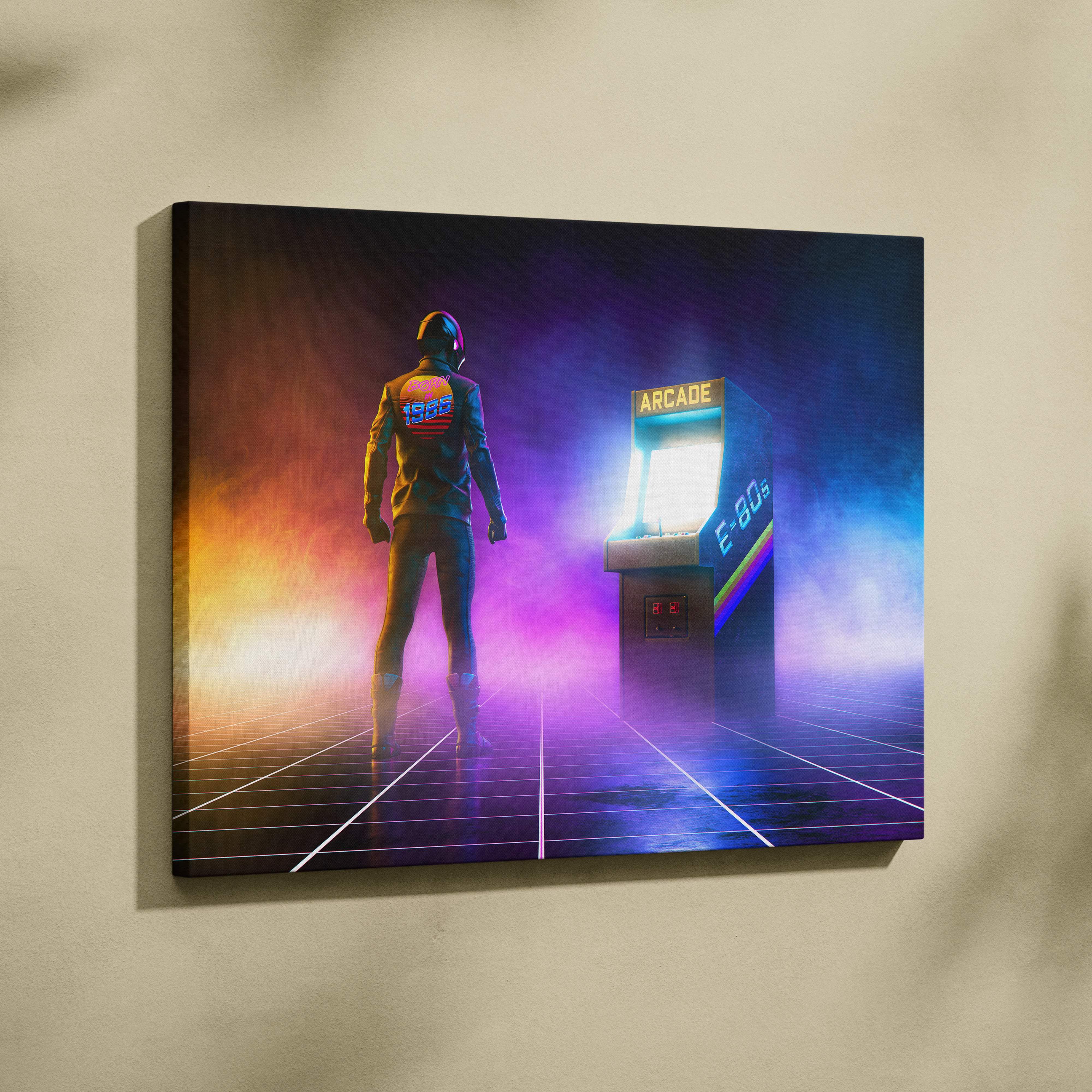 Retro arcade canvas wall art featuring a glowing e-80 arcade machine and helmeted figure on neon synthwave grid floor