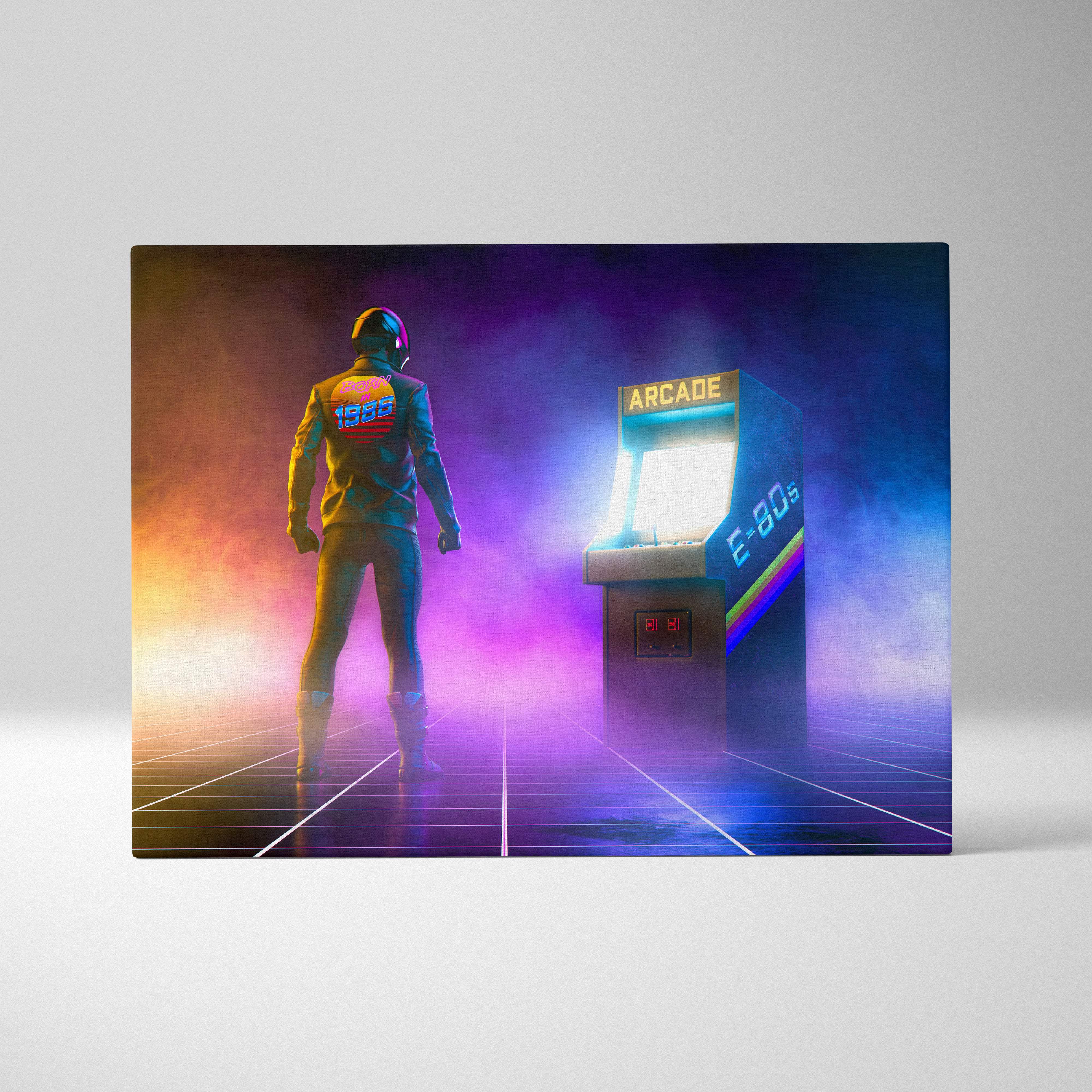 Retro arcade canvas wall art featuring a neon-lit e-80 arcade cabinet with purple blue glow in a futuristic gaming scene