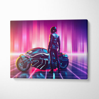 Futuristic neon motorcycle canvas wall art featuring a cyberpunk rider in black leather with glowing pink and purple lights
