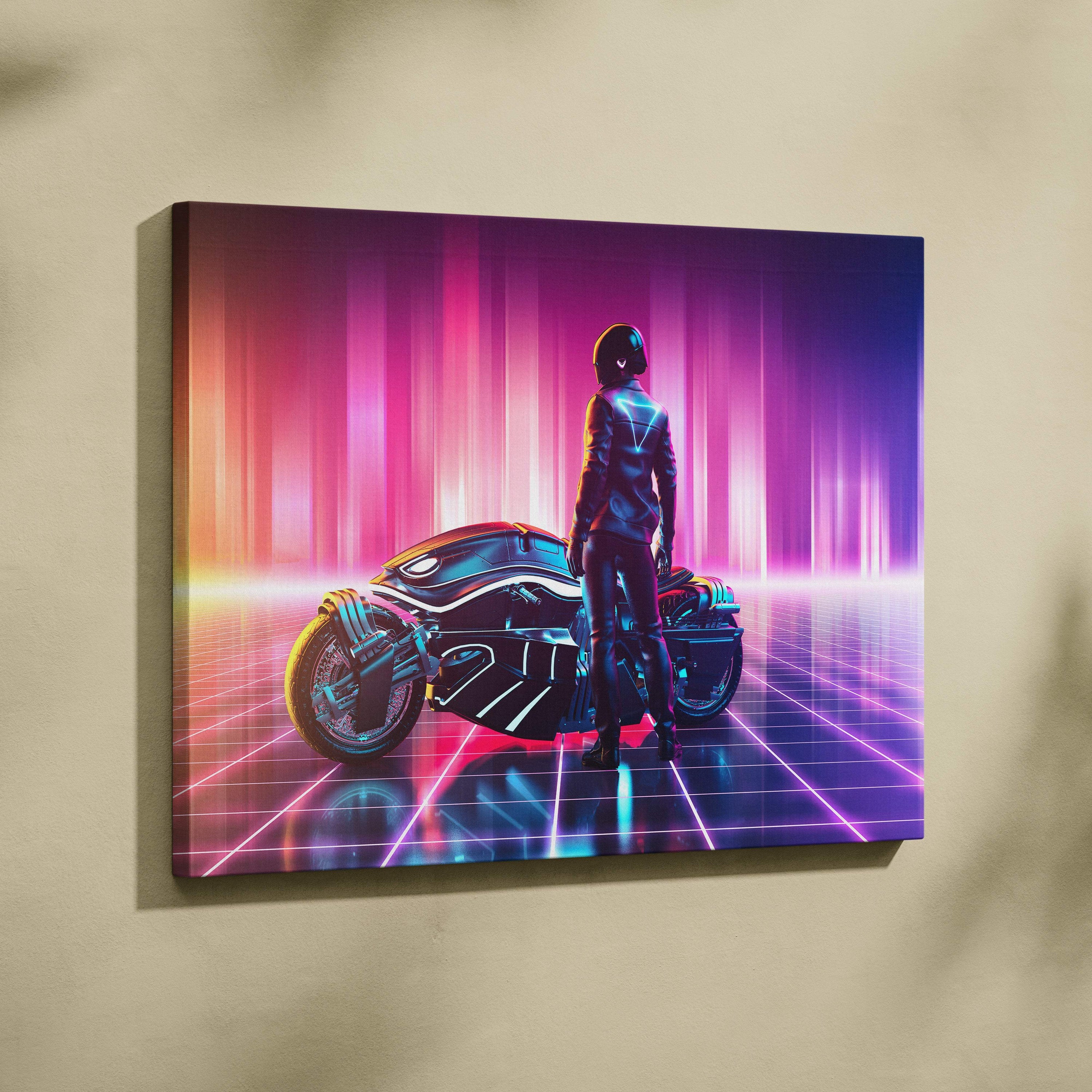 Futuristic neon motorcycle canvas wall art featuring a cyberpunk rider with sleek black armor and vibrant pink blue lights