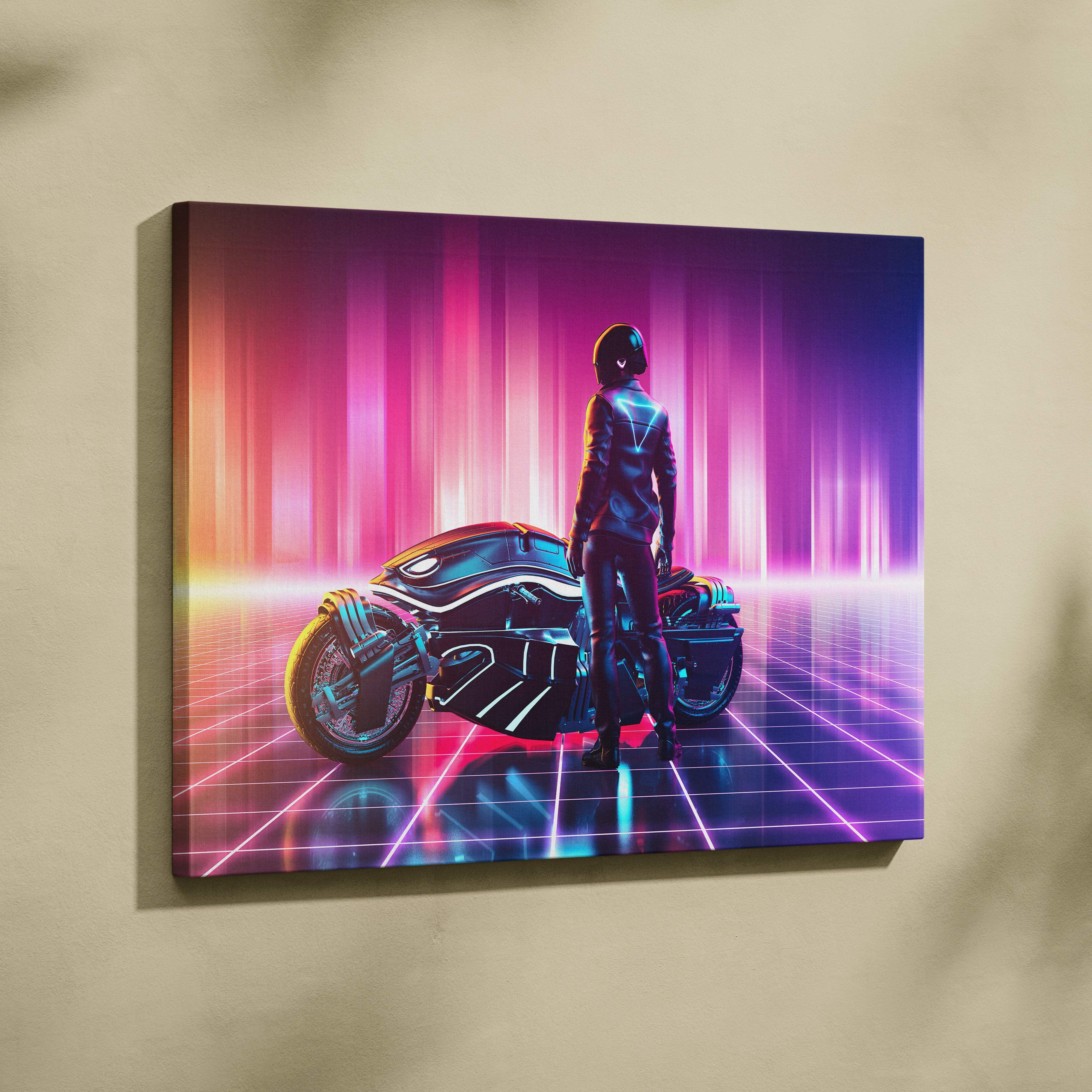 Futuristic neon motorcycle canvas wall art featuring a cyberpunk rider with sleek black armor and vibrant pink blue lights