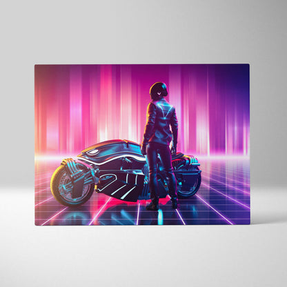Futuristic neon motorcycle canvas wall art with a cyberpunk rider, sleek glowing bike, and vibrant pink blue gradient lights
