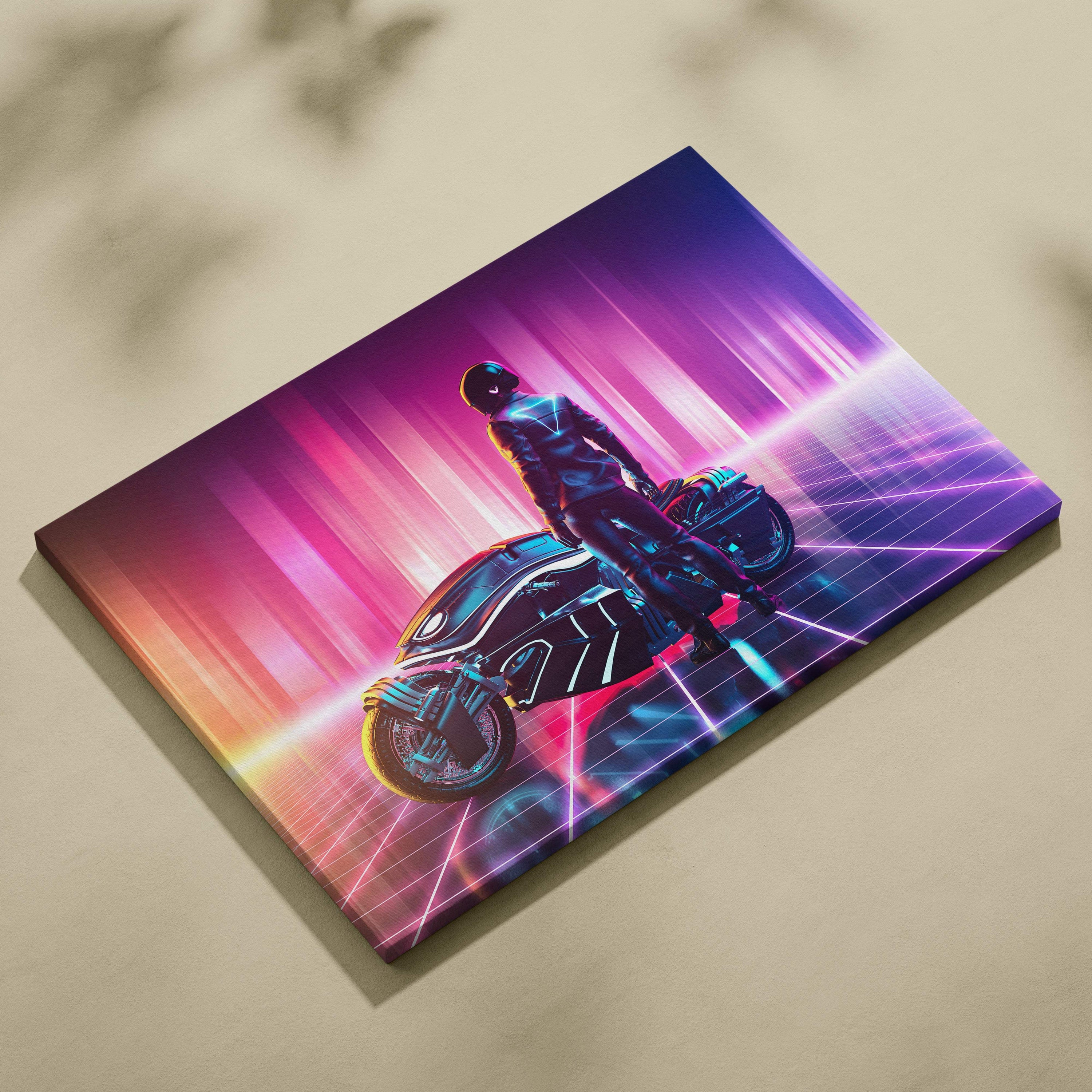 A vibrant neon canvas print of a futuristic rider on a sleek motorcycle with purple pink orange light rays