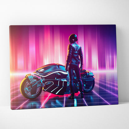 Futuristic neon motorcycle canvas wall art with cyberpunk rider in black leather and glowing neon bike on vibrant pink purple background