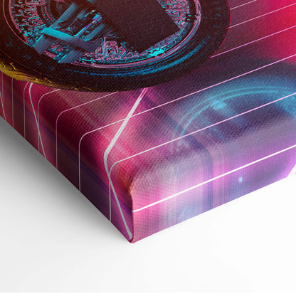 Neon cyberpunk motorcycle canvas art with vibrant pink purple circuit board bitcoin design and electric gradient lights