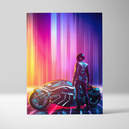 Neon cyberpunk motorcycle canvas art featuring a sleek black and silver futuristic bike with glowing white accents and vibrant gradient lights