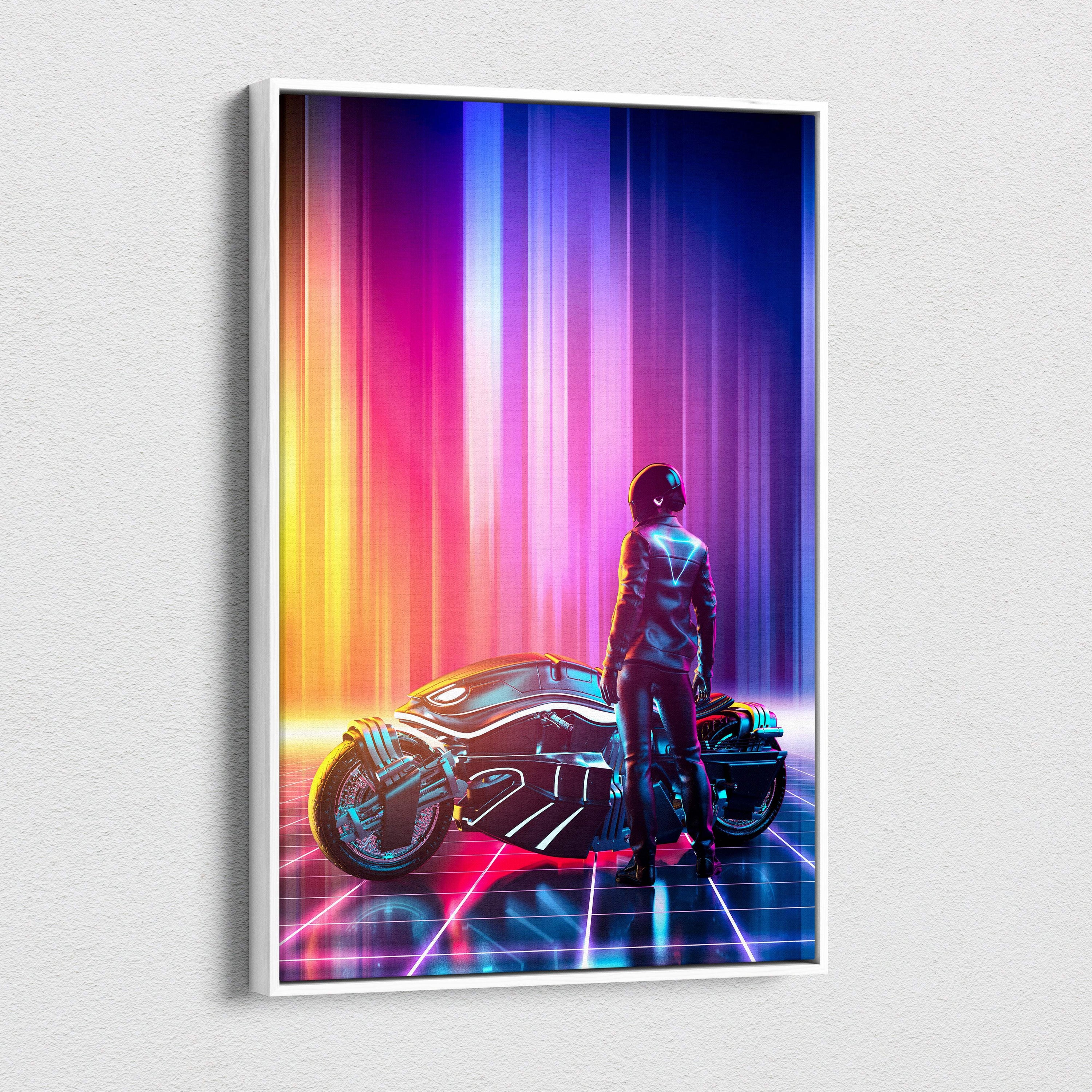 A framed digital canvas of a futuristic motorcycle with neon pink purple and blue lights and a rider in dark gear